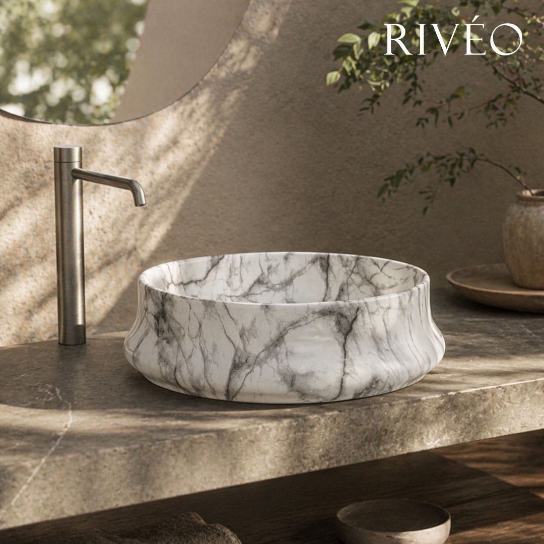 RIVÉO Round Countertop Basin with White Marble Effect – 455 × 455 mm – With Drain