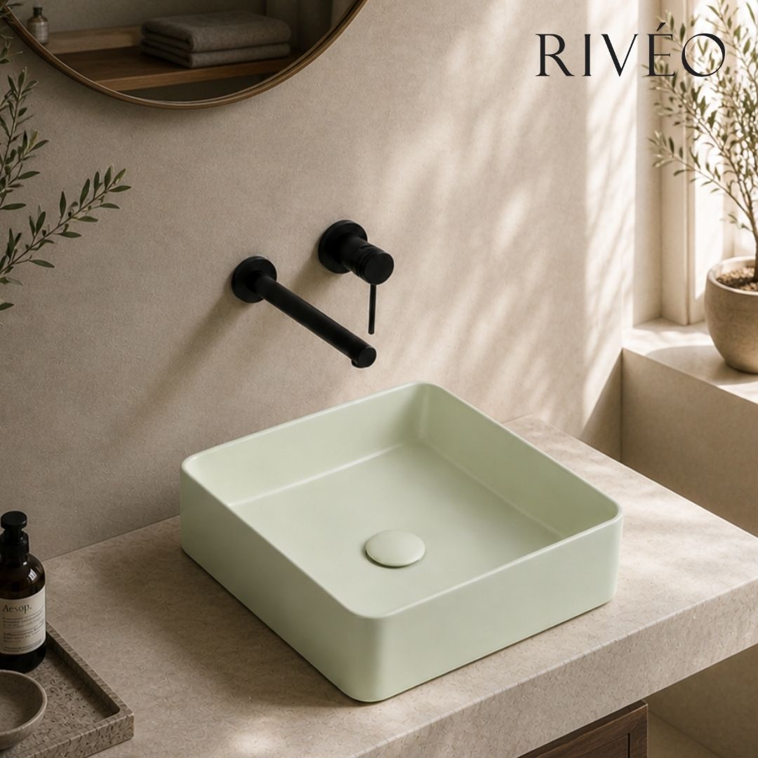 RIVÉO Sage Green Rounded Square Countertop Basin – 365 × 365 mm – With Drain