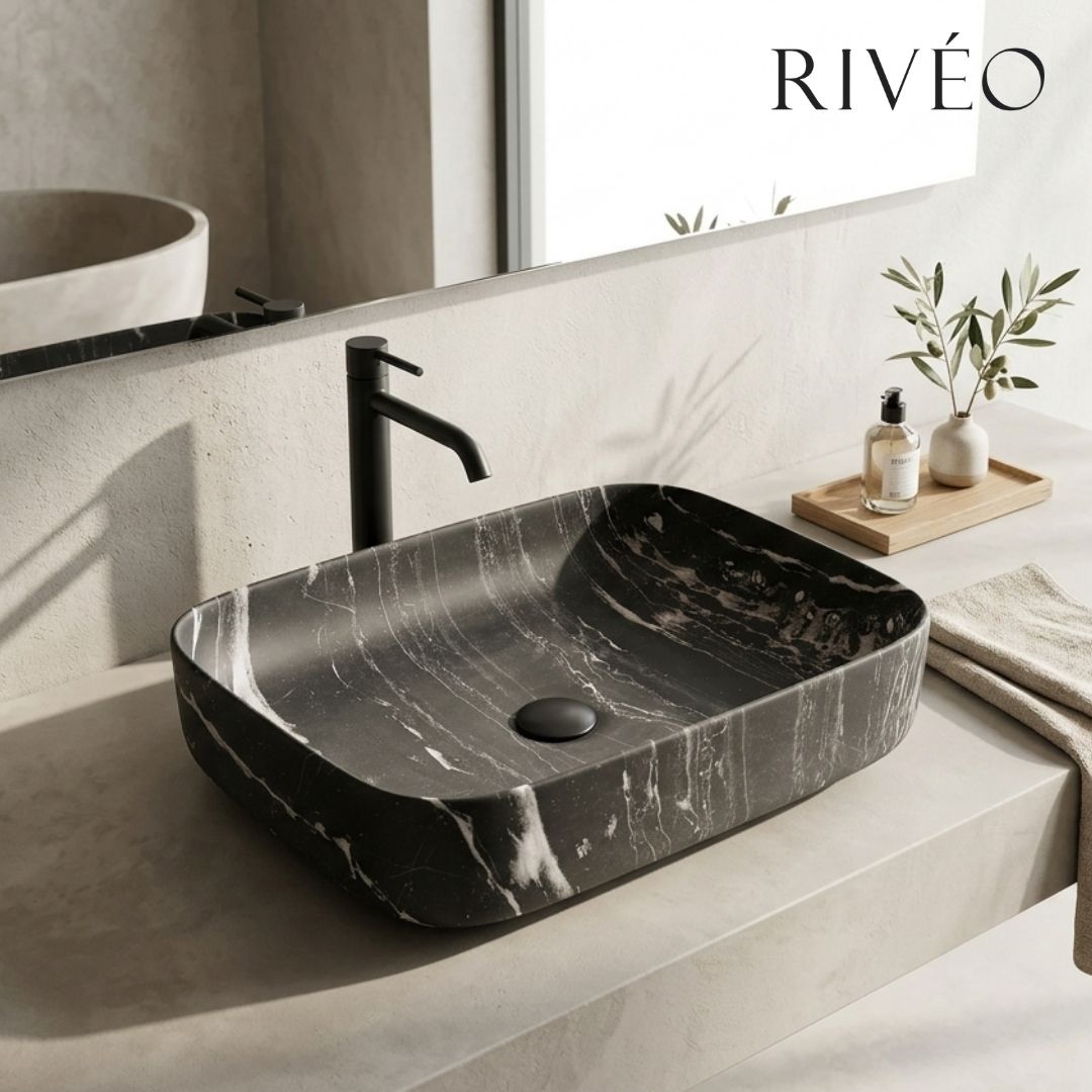 RIVÉO Rectangular Black with White Veins Countertop Basin - 500 x 390 mm - With Drain