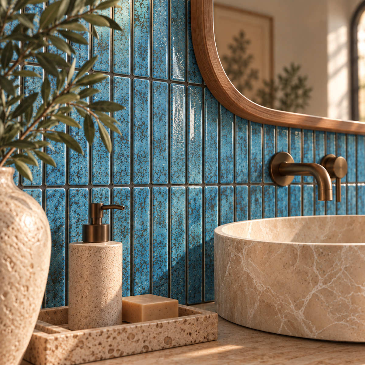 Mosaïque en Céramique Émaillée – Bleu Azur Moucheté – 28,4 × 29,6 cm