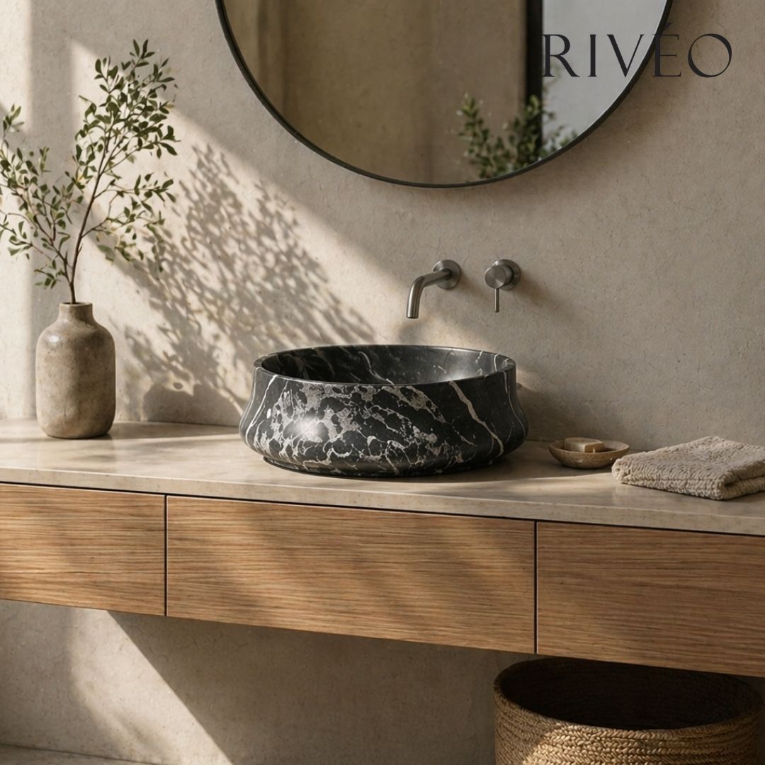Round Countertop Basin Black Veined White RIVÉO – Ø455 mm – With Drain