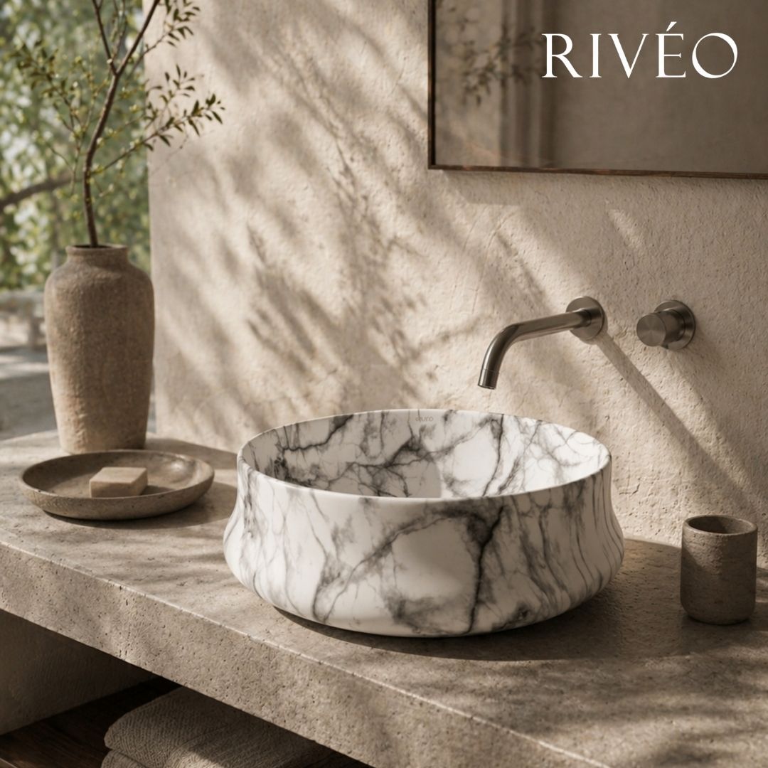 RIVÉO Round Countertop Basin with White Marble Effect – 455 × 455 mm – With Drain