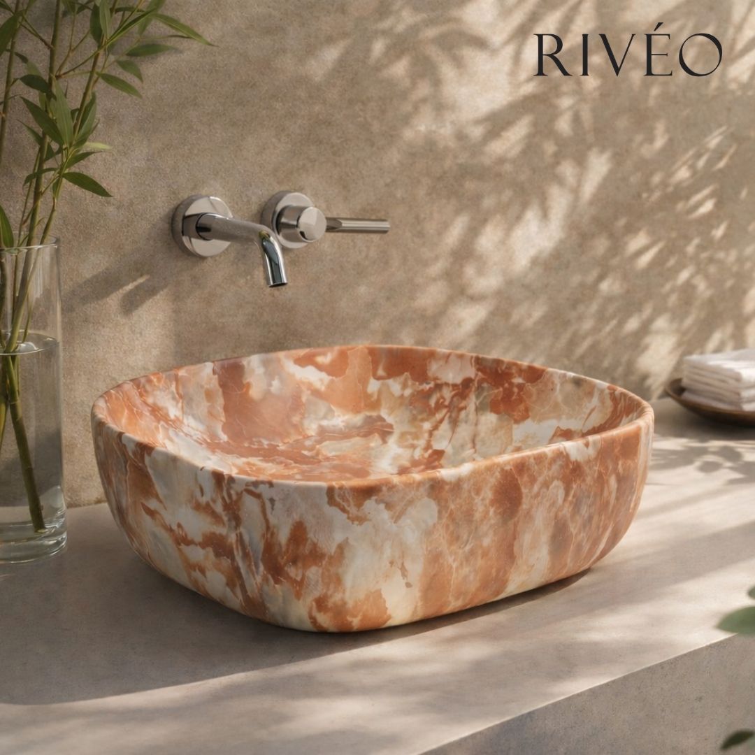 Terracotta Marble Effect Round Edged Square Countertop Basin RIVÉO – 425 × 425 mm – With Drain