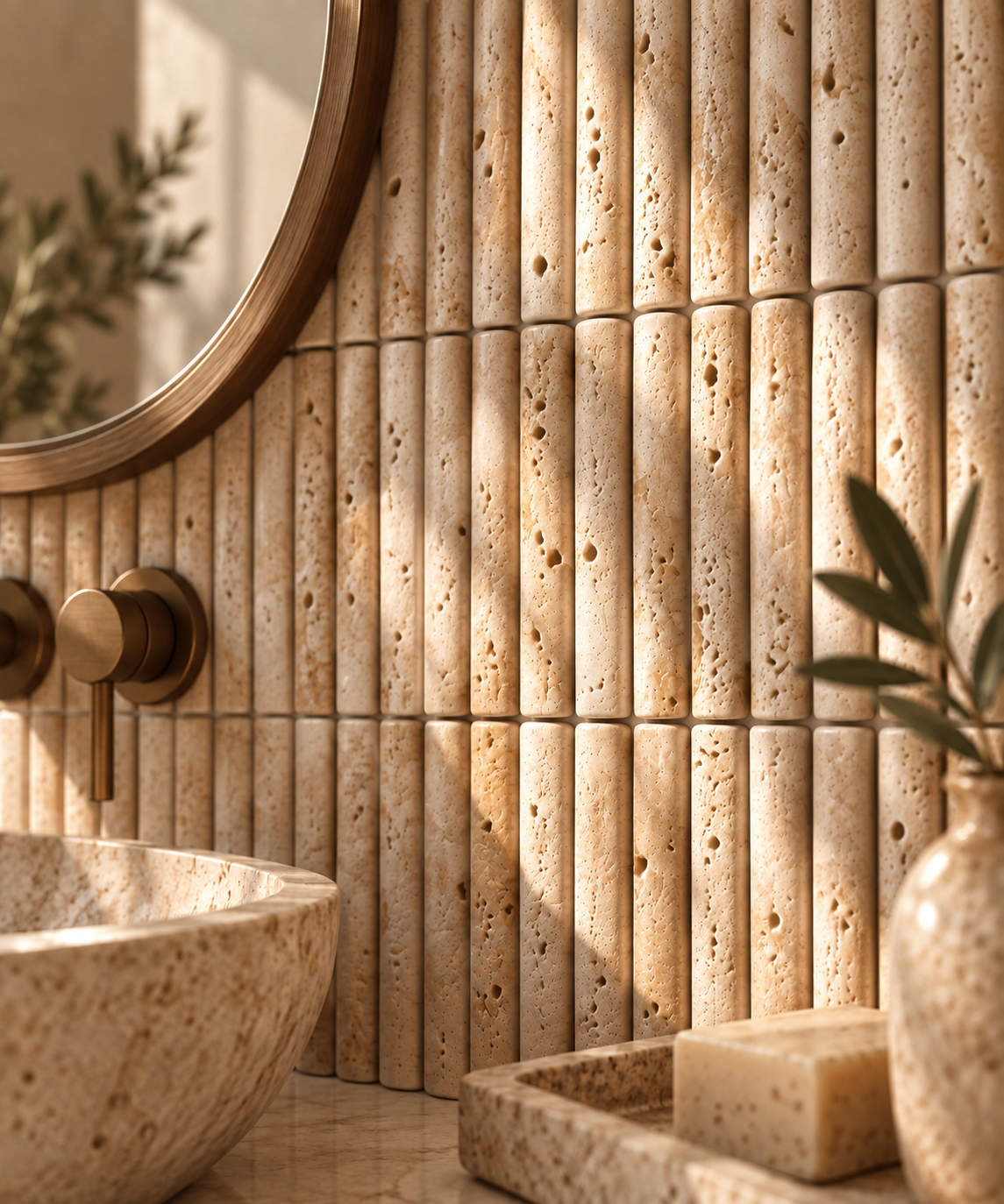 Mosaïque en Travertin Naturel – Demi-Rond – Beige – 30,5 × 30 cm