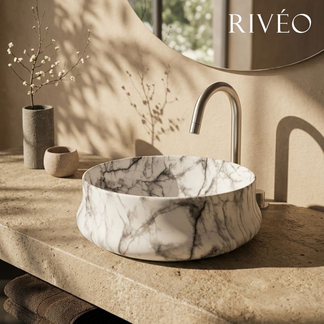 RIVÉO Round Countertop Basin with White Marble Effect – 455 × 455 mm – With Drain