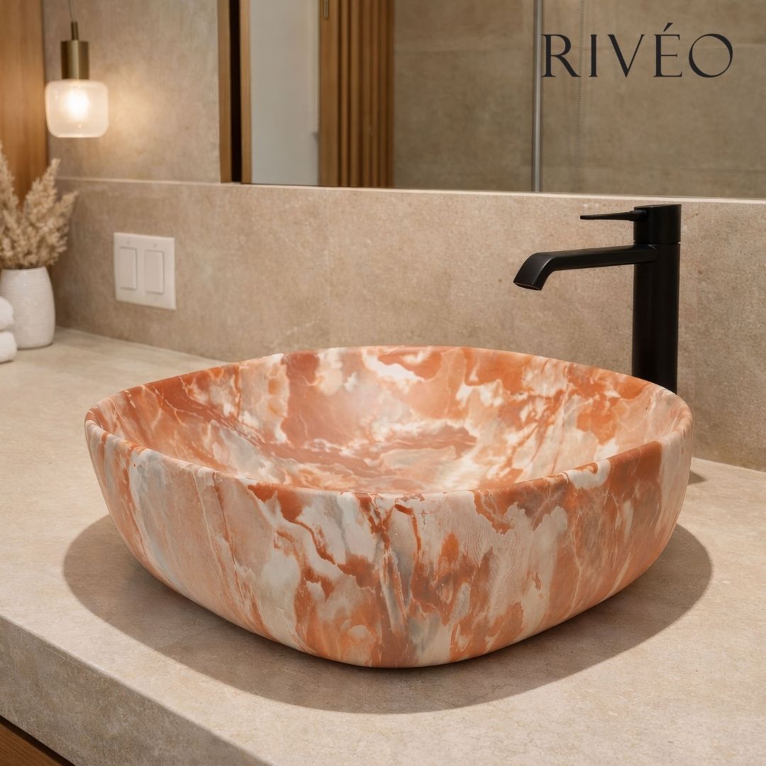 Terracotta Marble Effect Round Edged Square Countertop Basin RIVÉO – 425 × 425 mm – With Drain