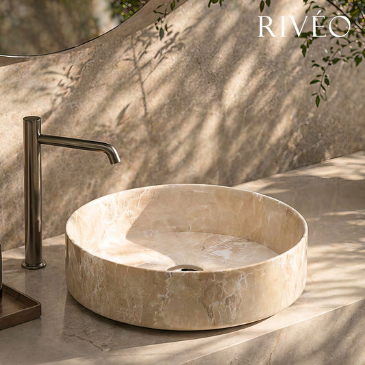Vasque à Poser Ronde Effet Marbre Beige RIVÉO – 360 × 360 mm – Avec Bonde