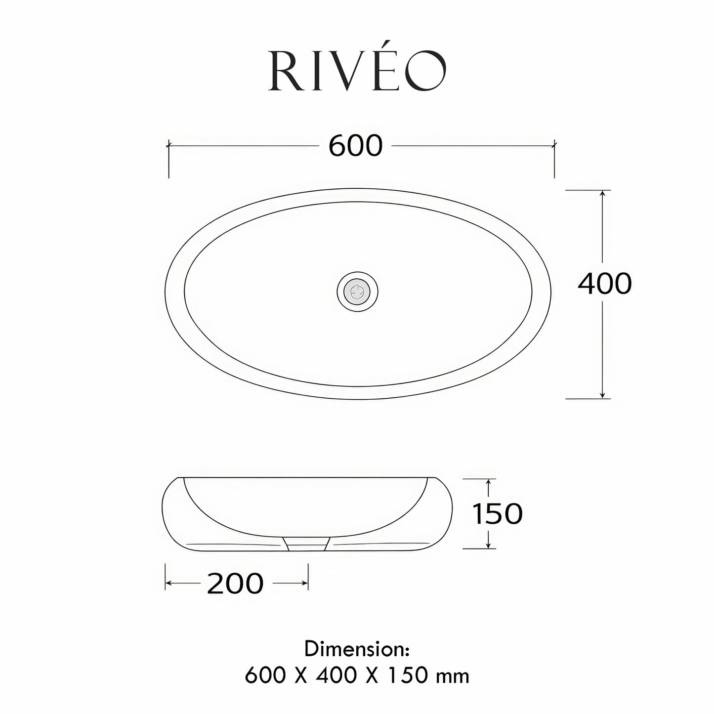 Vasque à Poser Ovale Effet Marbre Noir RIVÉO – 600 × 400 mm – Avec Bonde