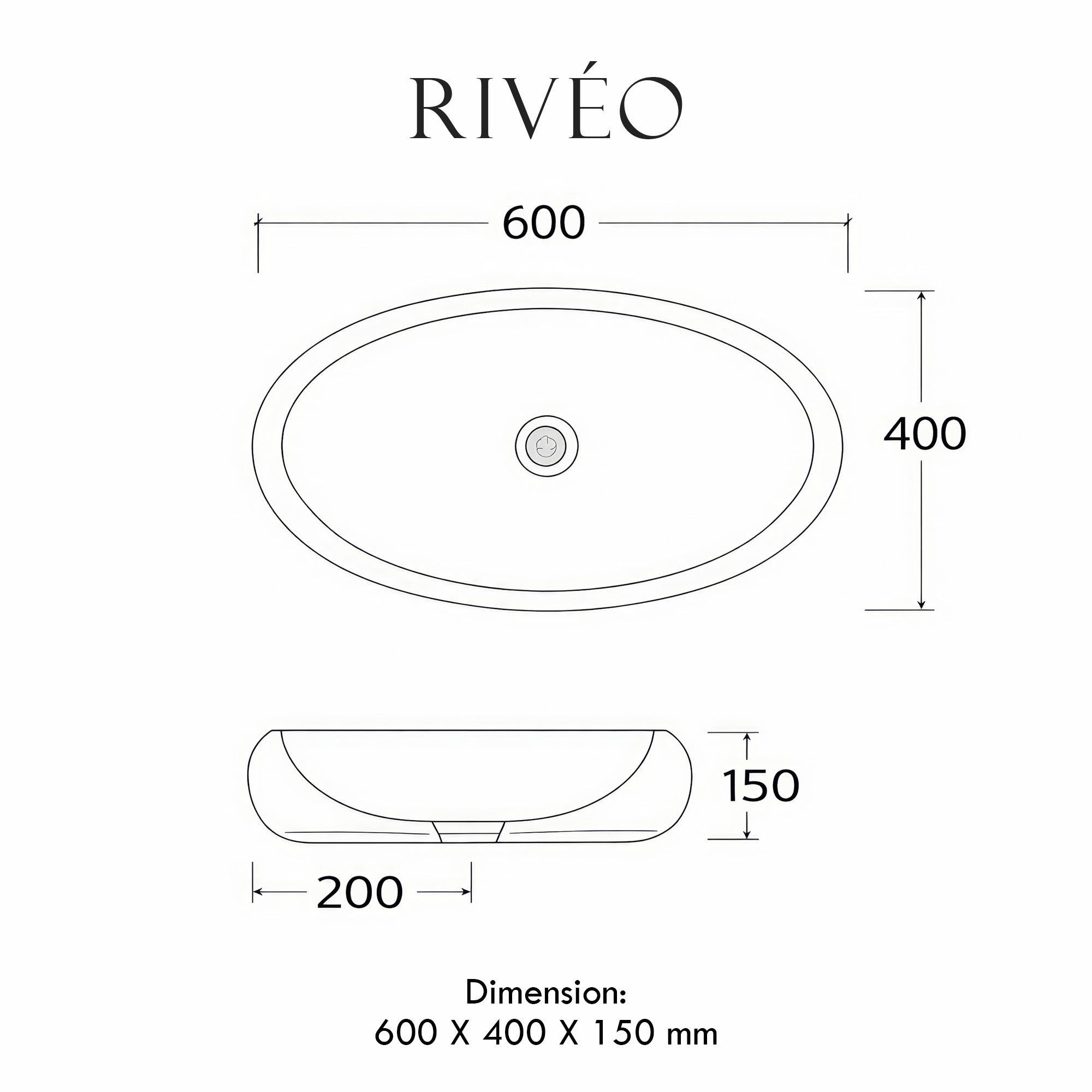 RIVÉO Oval Black Marble Effect Countertop Basin – 600 × 400 mm – With Drain