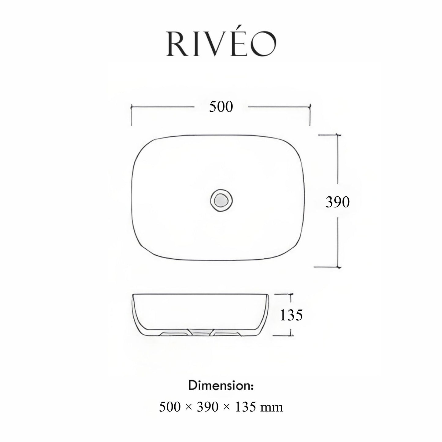 Vasque à Poser Rectangulaire Arrondie Blanc Veiné Gris RIVÉO – 500 × 390 mm – Avec Bonde