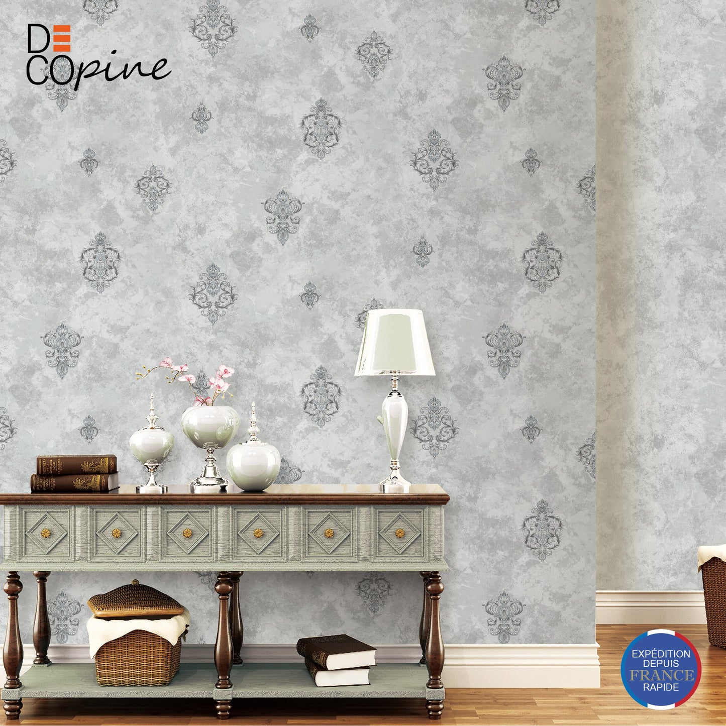 Decopine Imperium Luxe Non-Woven Wallpaper – Silver Medallion Pattern – 0.53 x 10m – No Glue