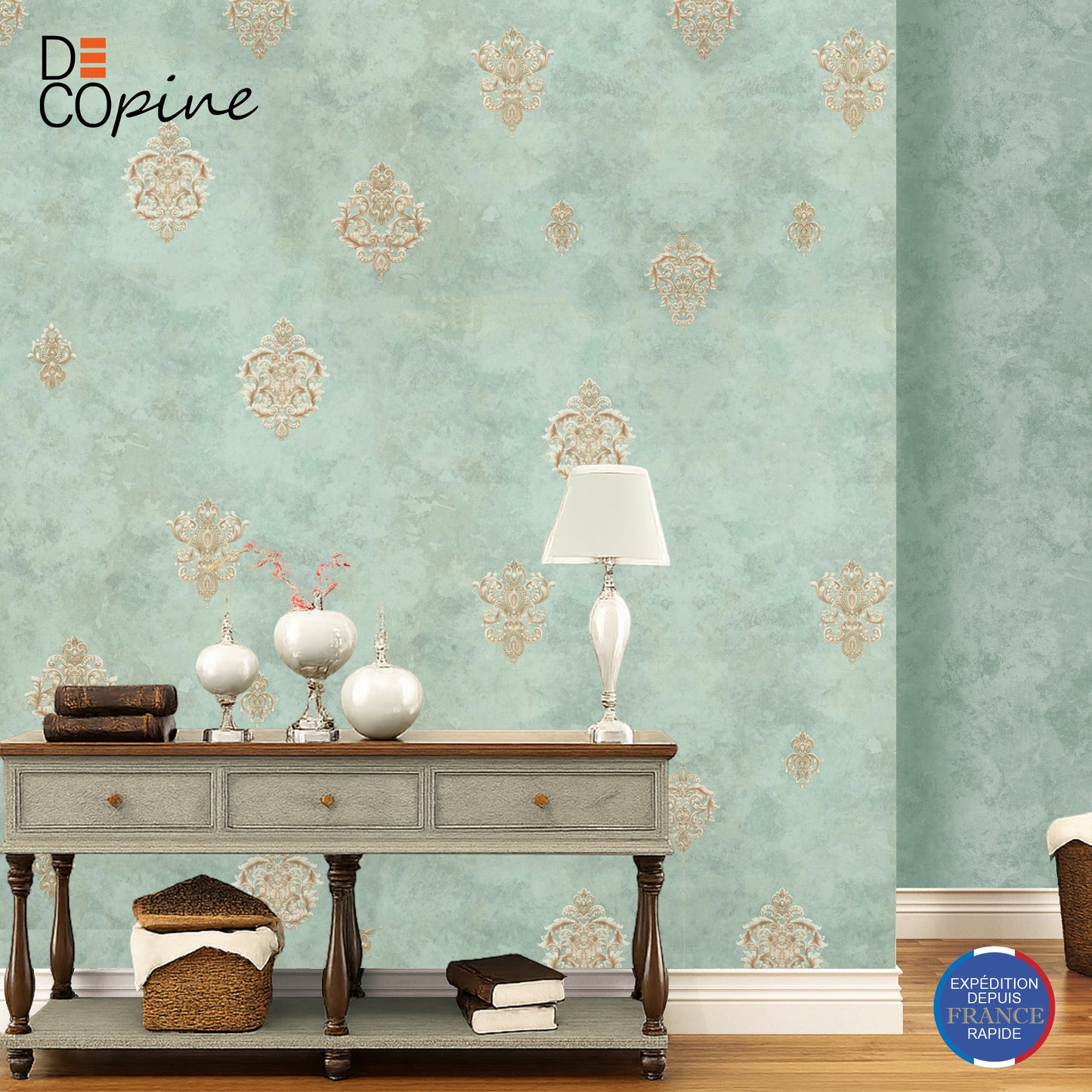 Decopine Imperium Luxe Non-Woven Wallpaper – Gold Medallion on Sage Green – 0.53 x 10m – No Glue