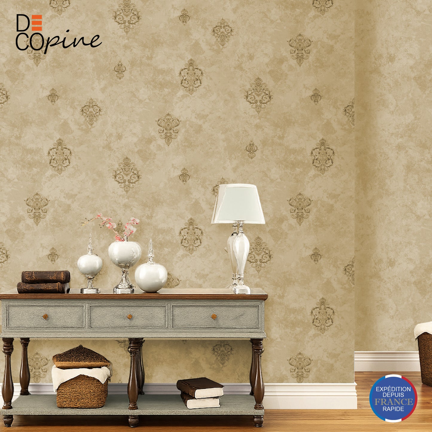 Decopine Imperium Luxe Non-Woven Wallpaper – Gold Medallion on Sage Green – 0.53 x 10m – No Glue