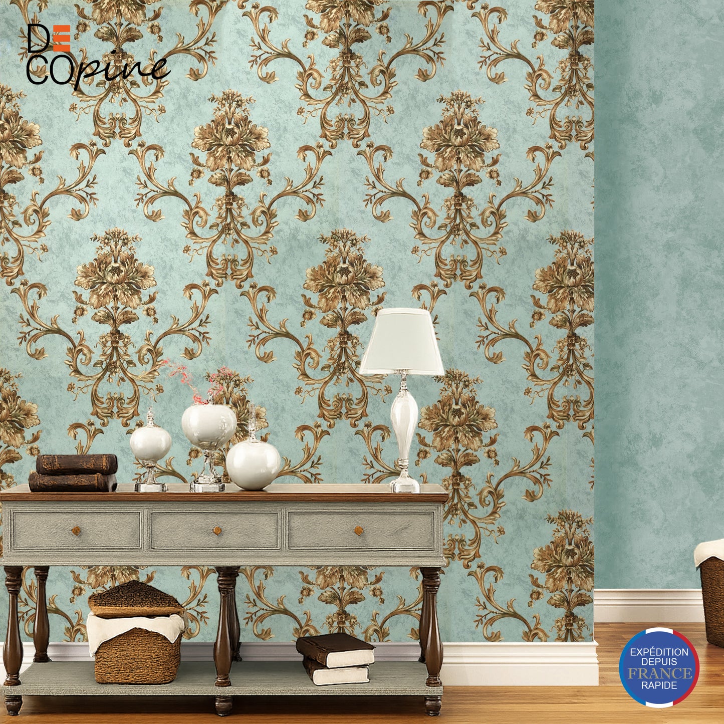 Maison d'Or Non-Woven Wallpaper – 3D Floral Decor Blue Green – 0.53 x 10m – No Glue