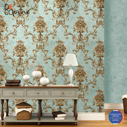 Maison d'Or Non-Woven Wallpaper – 3D Floral Decor Blue Green – 0.53 x 10m – No Glue